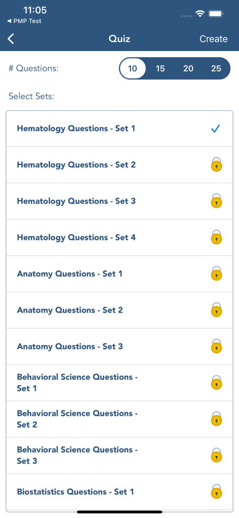 USMLE Step 1 study app screen for selecting quiz categories and question quantity