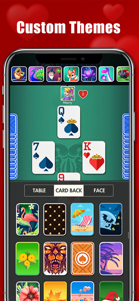 Schermata dell'app Hearts Classic Card Games che mostra temi personalizzati per i dorsi delle carte e gli avatar dei giocatori