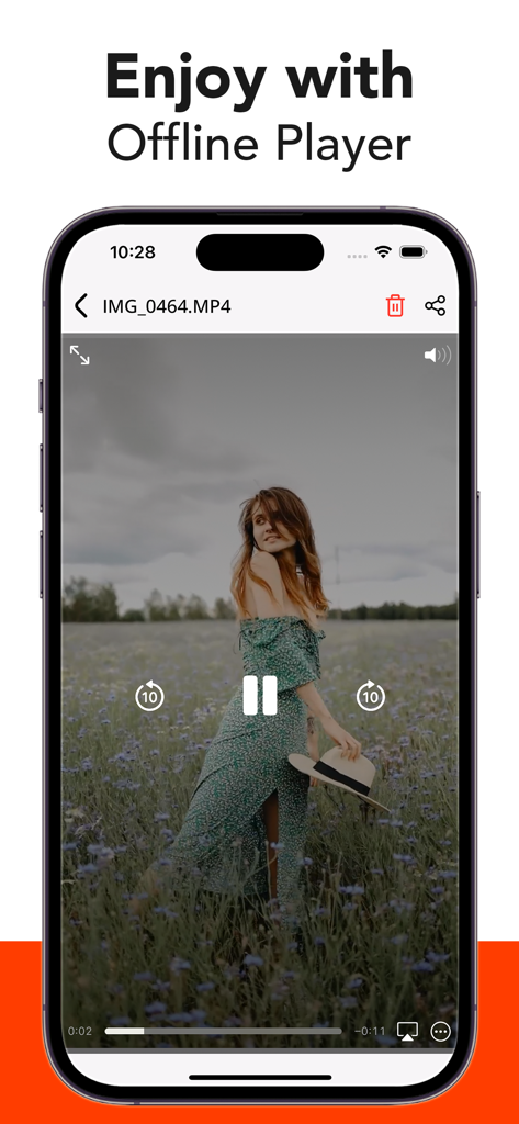 Video Saver - Video Downloader - A screenshot of the Video Saver app showing its offline video player interface with playback controls.