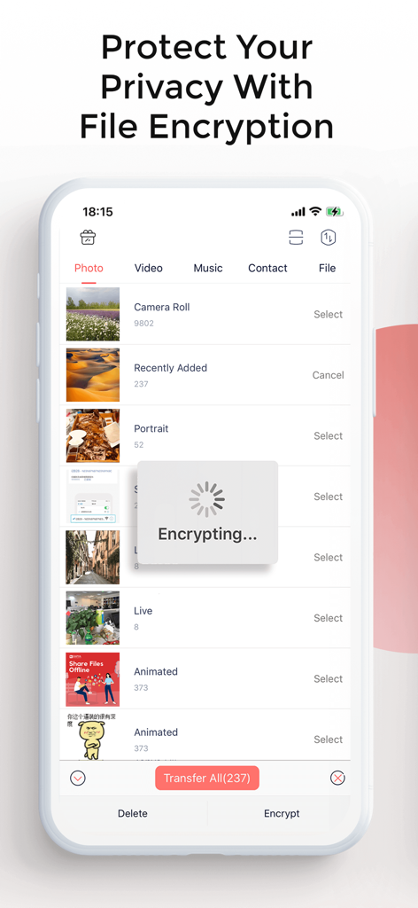 Zapya app interface showing a file encryption progress screen for protecting photos and videos