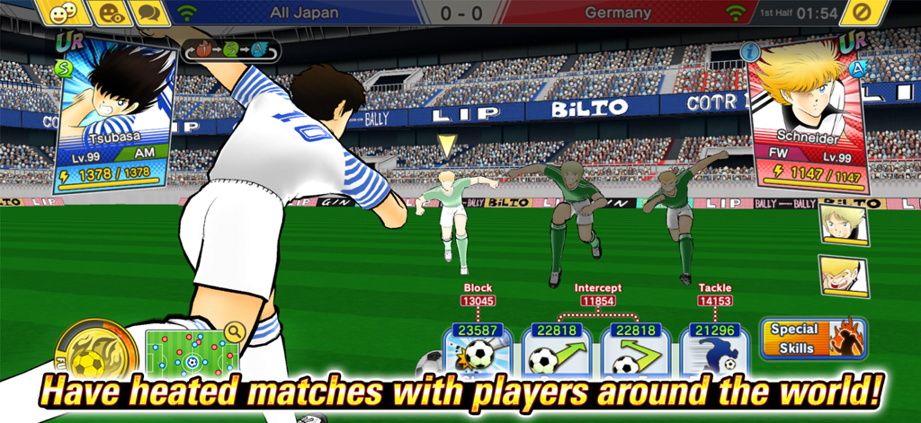 Captain Tsubasa: Dream Team - Screenshot di gameplay di Captain Tsubasa Dream Team che mostra una partita di calcio tattica tra Giappone e Germania