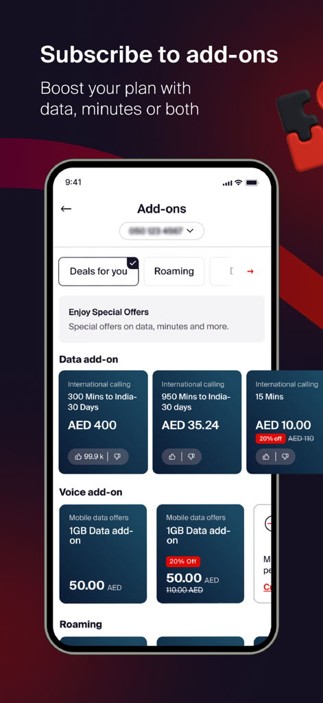 Pantalla de la aplicación móvil que muestra varios paquetes de datos y voz adicionales para clientes de e& UAE