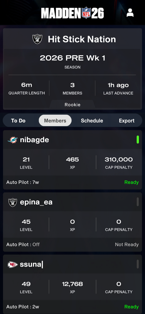 Madden NFL 26 Companion - Madden NFL 26 Companion app franchise league members list showing user levels and XP