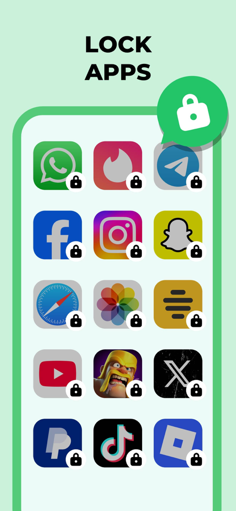 App Lock - AppLock Apps - Eine iPhone-Anzeige mit einem Raster beliebter Social-Media- und Utility-Apps, die jeweils mit einem Schlosssymbol zum Schutz der Privatsphäre gesichert sind.