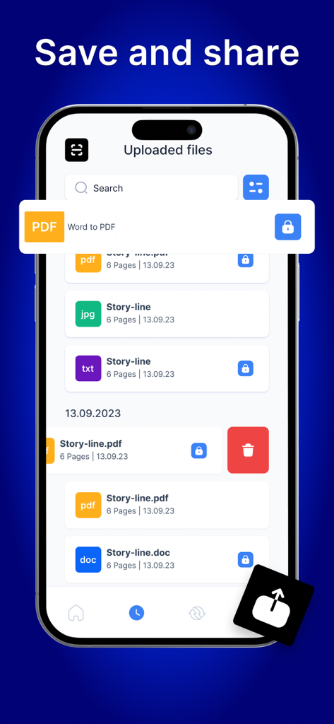 Mobile app interface showing a list of uploaded PDF and Word documents with save and share options