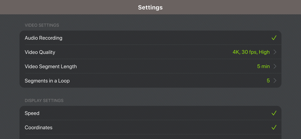 Car Camera DVR. PRO - Settings menu for Car Camera DVR PRO app featuring video quality and display data options