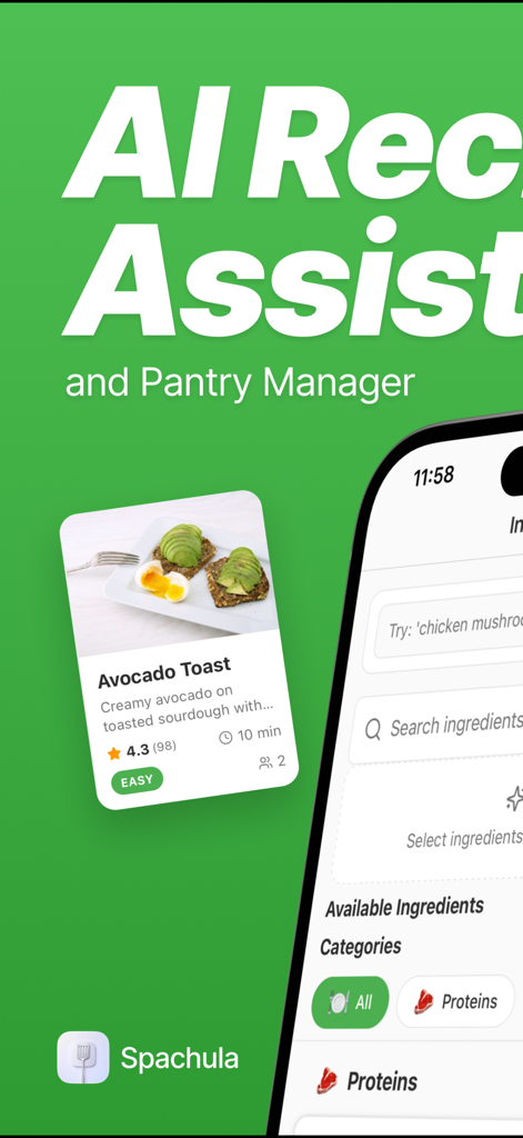 Spachula app interface featuring AI recipe assistant and pantry management tools