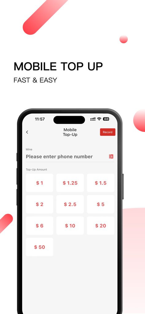 U-Pay - Pantalla de la aplicación móvil U-Pay para recargar crédito telefónico de forma rápida y sencilla con importes en dólares preseleccionados.