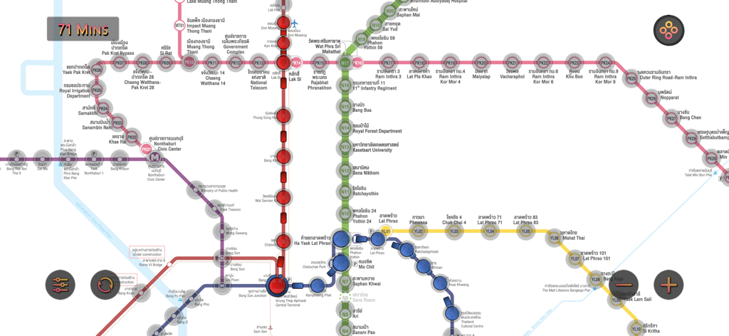 Bangkok MRT BTS Map Route - 역과 예상 소요 시간을 보여주는 방콕 MRT 및 BTS 대중교통 네트워크의 상세한 인터랙티브 지도