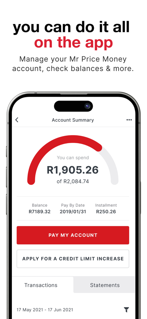 Mr Price App - Pantalla de la app Mr Price que muestra el resumen de la cuenta y las opciones de gestión de crédito
