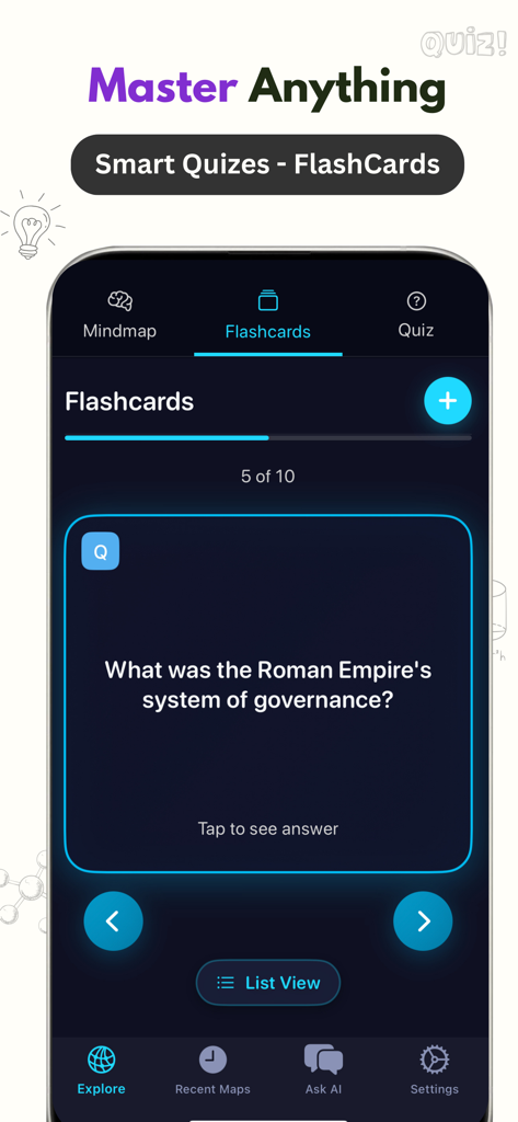 Screenshot of the flashcards feature in Mindmaps AI Foxy showing a study card about the Roman Empire system of governance.