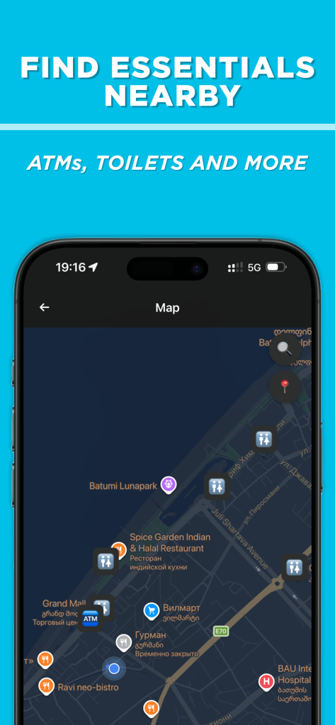 GeoMate: Georgia Travel Guide - Map view in the GeoMate app showing essential amenities like ATMs and restrooms in Batumi Georgia