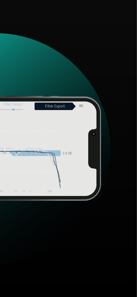 Dirac Live - スマートフォン画面、オーディオ周波数応答グラフ付きのDirac Liveアプリのフィルターデザインインターフェースを表示