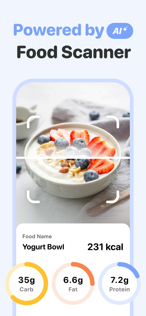 Calorie Counter AI: Food Cam - Interfaccia dello scanner cibo AI che mostra la ripartizione di calorie e macro per una ciotola di yogurt