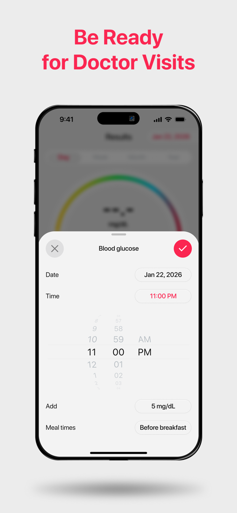 Glucose Monitor: Blood Sugar - Interfaz de la aplicación Glucose Monitor que muestra cómo registrar los niveles de azúcar en sangre y los horarios de las comidas