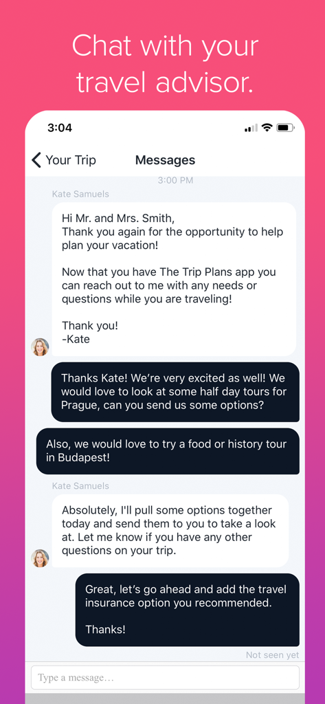 Trip Plans - A mobile phone screen showing a chat conversation with a travel advisor in the Trip Plans app