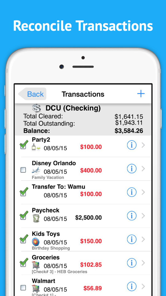 Transaction ledger screen of Checkbook app showing cleared and outstanding balances with reconciliation checkboxes