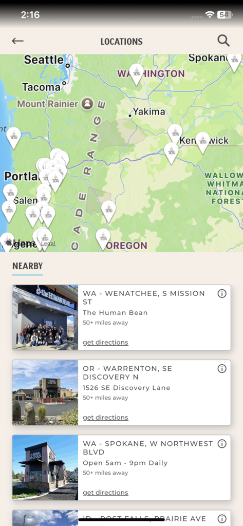The Human Bean - The Human Bean app showing a map and list of coffee shop locations in the Pacific Northwest.