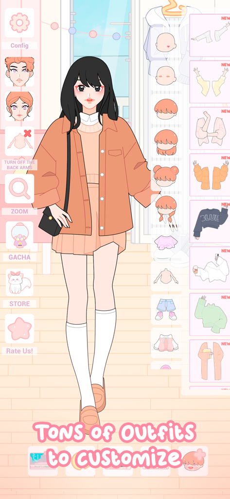 Shining Star : Idol Dress Up - Shining Star Idol Dress Upのキャラクターカスタマイズインターフェース、たくさんの衣装が表示されています