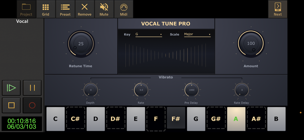 Interface of the Vocal Tune Pro plugin in Audio Evolution Mobile Studio showing pitch correction and vibrato settings