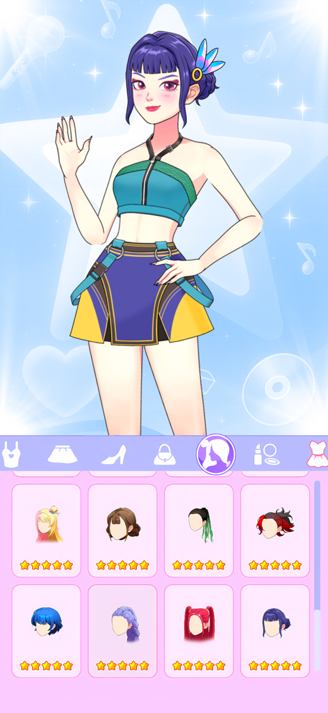 Idol Live: Mini Games Show - A character customization screen in the Idol Live app showing a female anime avatar and a menu of different hairstyles.