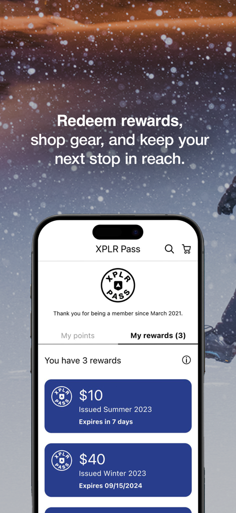The North Face app interface displaying XPLR Pass loyalty rewards and coupons
