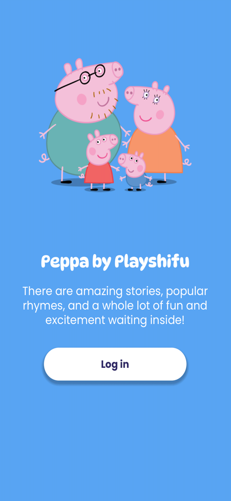 Pantalla de bienvenida de la aplicación Peppa Pig de PlayShifu con la familia Pig y un botón de inicio de sesión