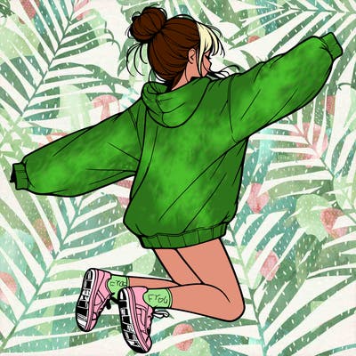 realistic girl jumping with a bun and oversized sweatshirt