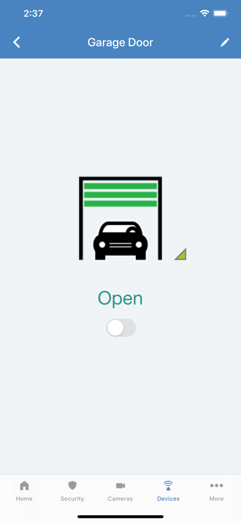 Alula Security app interface showing the open status and control toggle for a garage door