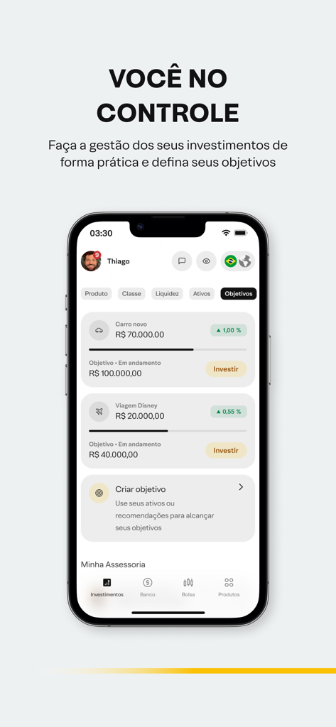 XP Investimentos - Das XP Investimentos Mobile App Dashboard zeigt finanzielle Anlageziele und Fortschrittsverfolgung