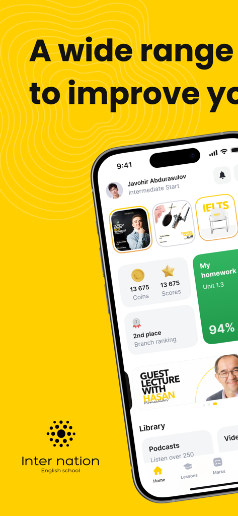 Inter Nation Student app interface showing student profile gamified rewards and academic progress