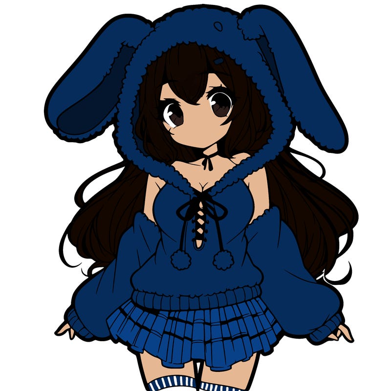 pretty anime girl wearing a fluffy hoodie with bunny ears on the hood and a skirt