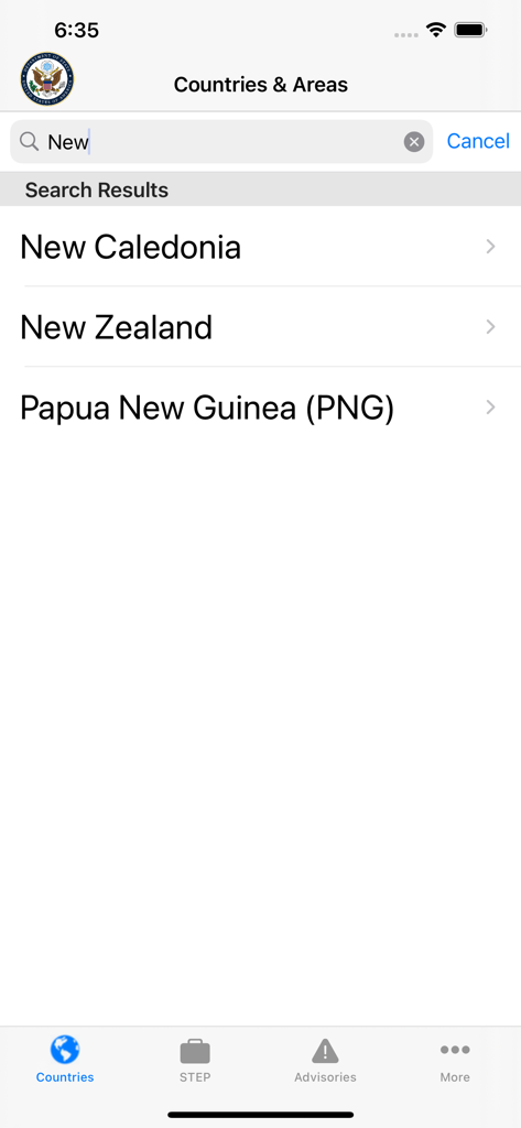 Smart Traveler - Search results screen for countries and areas within the Smart Traveler mobile application.