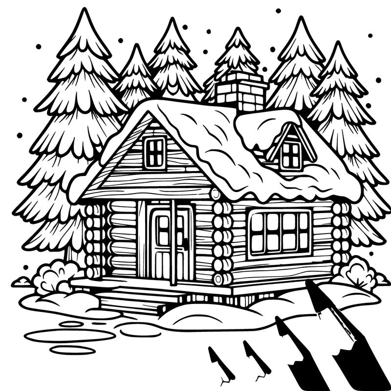 cabin covered in snow with trees surrounding it ( realistic )