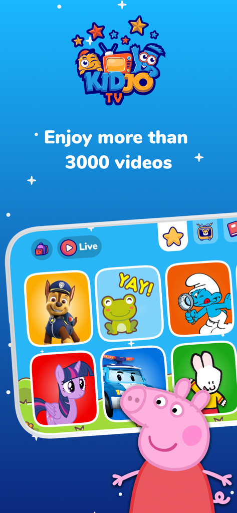 Kidjo TV app screen showing a library of over 3000 videos featuring popular characters like Peppa Pig and Paw Patrol