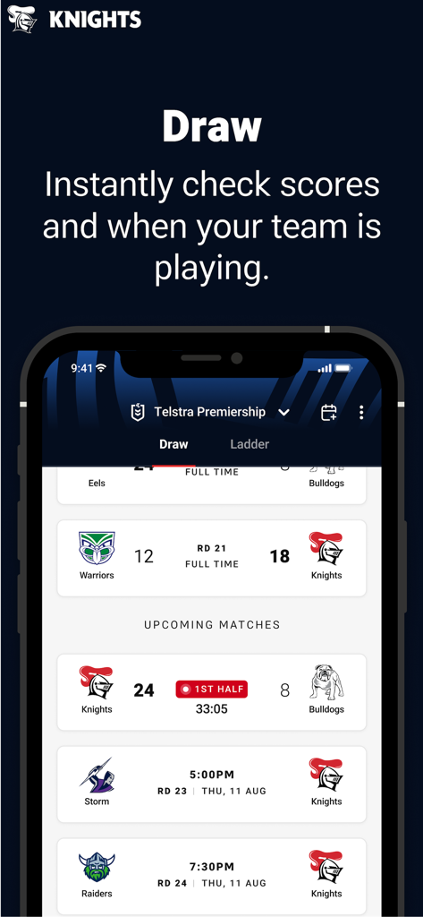 Mobile screen of the Newcastle Knights app displaying the match draw and live scores.