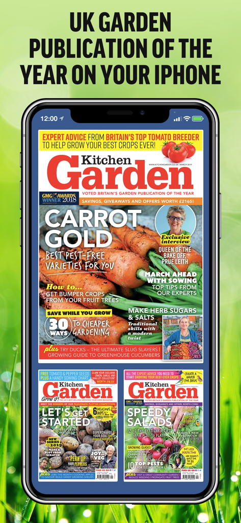 Kitchen Garden Magazine - An iPhone displaying the digital edition of Kitchen Garden Magazine with articles on growing vegetables and fruits