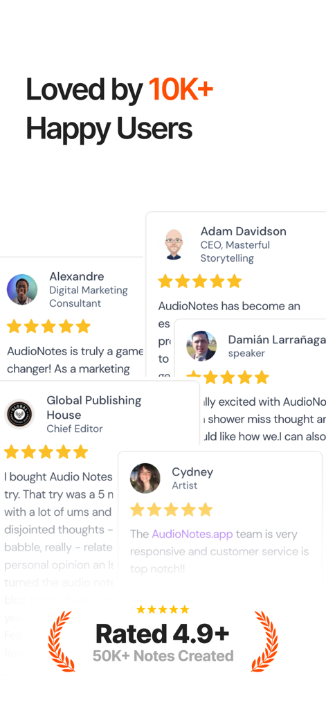 Audionotes: Audio Notes AI - Depoimentos de usuários e avaliação de 4,9 estrelas mostrando alta satisfação para o aplicativo Audionotes AI.