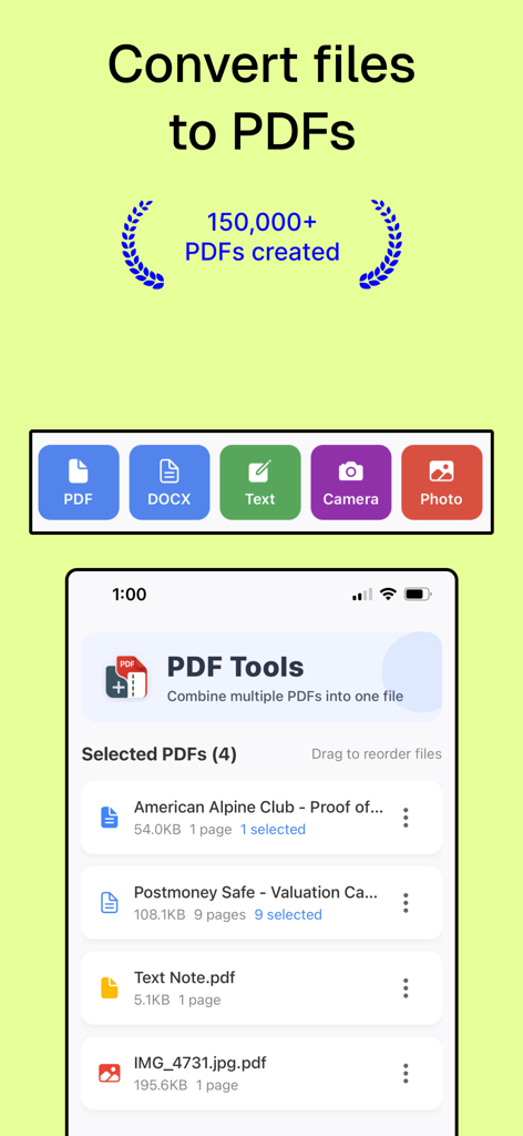 PDF Merge: small pdf converter - Mobile app interface showing options to convert DOCX images and text into PDFs and a list of files ready to merge