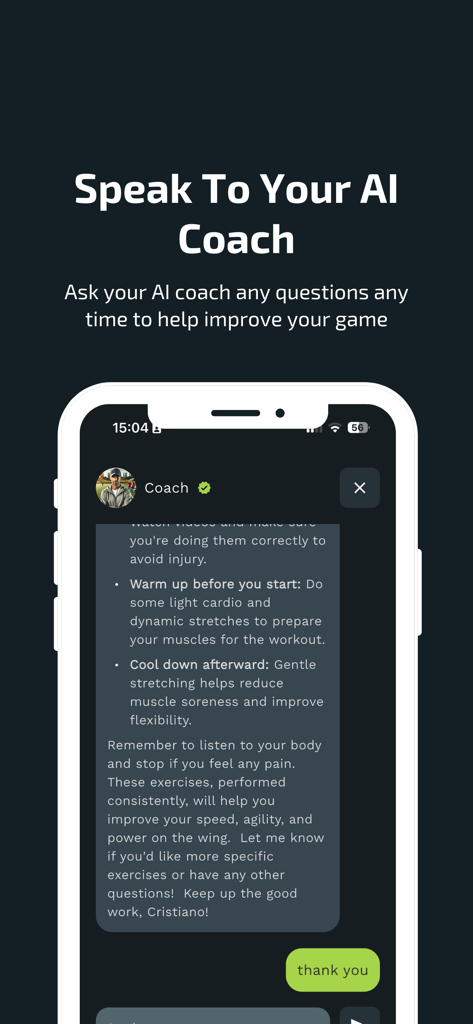 Project Pro: Ball Mastery - A mobile interface from Project Pro showing a chat conversation with an AI soccer coach offering training tips and feedback