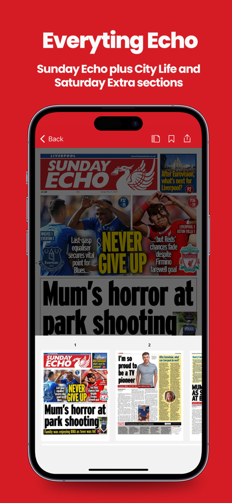 Liverpool Echo Newspaper - Una vista previa del periódico digital Sunday Echo en la interfaz de una aplicación móvil