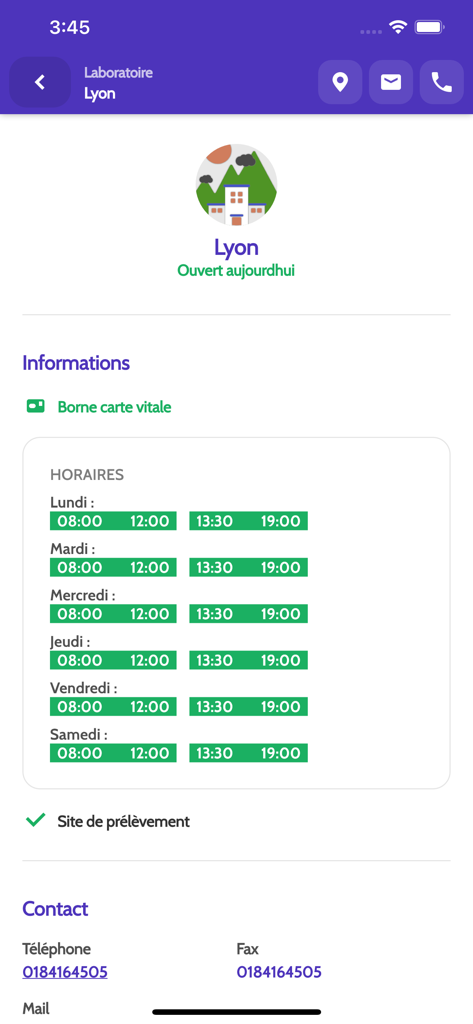 Horaires d'ouverture du laboratoire et informations de contact sur l'application Catalogue Cerba.