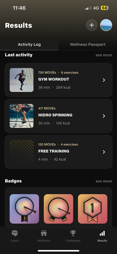 Myfitness Digital - Activity log screen in the Myfitness Digital app showing recent gym workouts and earned badges
