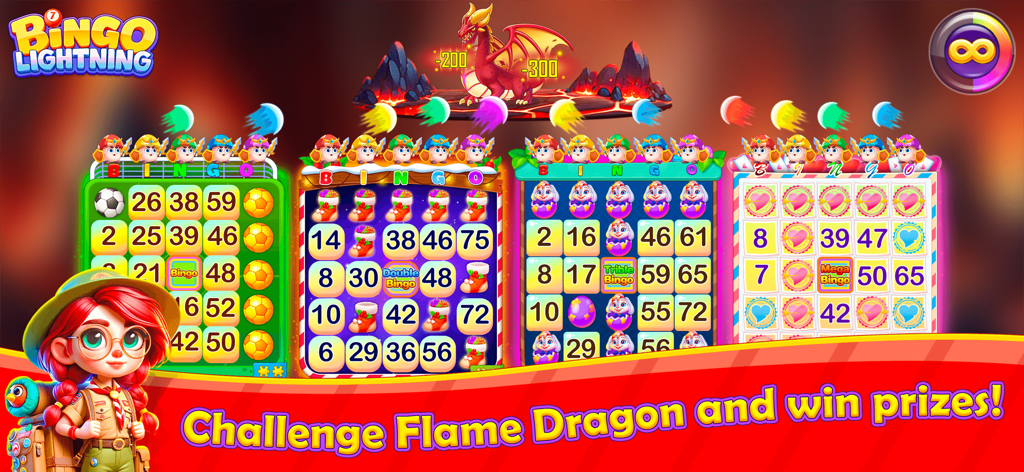 Bingo Lightning - Una pantalla de juego de Bingo Lightning con un desafío de Dragón de Fuego y cartas de bingo temáticas con un personaje explorador de dibujos animados.