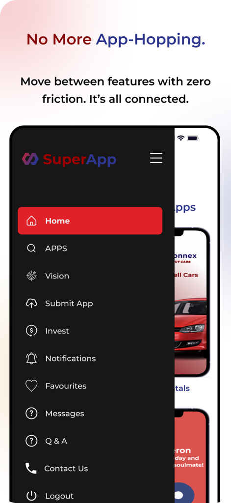 SuperApp, Inc. - SuperApp mobile interface showing the side navigation menu with options like Apps and Vision and the headline No More App-Hopping