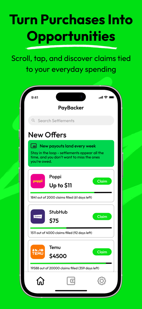PayBacker: Hidden Payouts - PayBackerアプリのインターフェース。StubHubやTemuなどの人気ブランドの利用可能な集団訴訟請求のリストを表示しています。