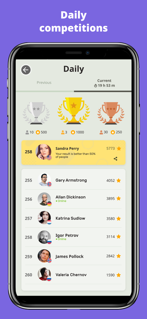 QuizzLand app daily competition screen showing global player rankings and scores