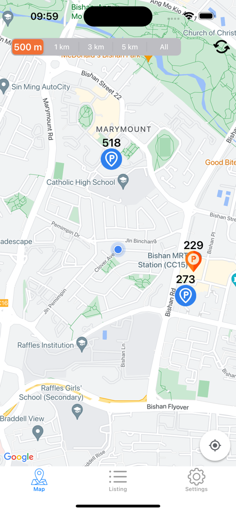 An interactive map of Singapore showing real-time car parking lot availability and lot counts.