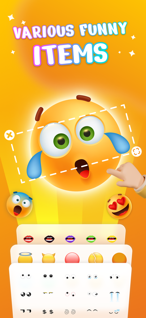Funny Emoji - WASticker Maker - Interfaz de una aplicación creadora de stickers mostrando varias opciones de ojos y bocas para crear emojis divertidos personalizados