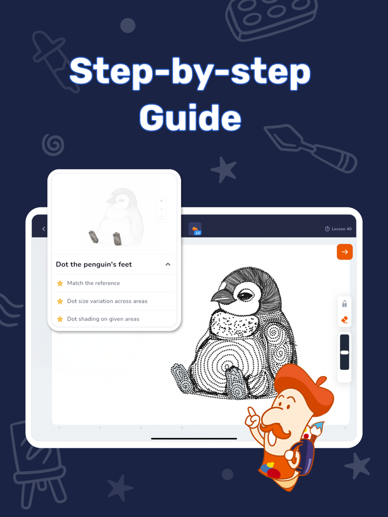 Step by step drawing tutorial on iPad showing a penguin stippling art lesson